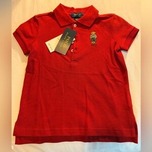 Polo Ralph Lauren Boys Embroidered Denim Polo Bear Red Polo Shirt 5 NWT